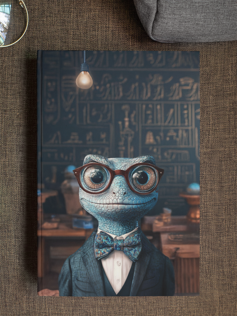 Anthropomorphic blue agama lizard professor with oversized round glasses and a blue bow tie, standing before
a wall of hieroglyphics under a single hanging lightbulb — Zooniversity hardcover art journal by Paint the Ocean
Blue