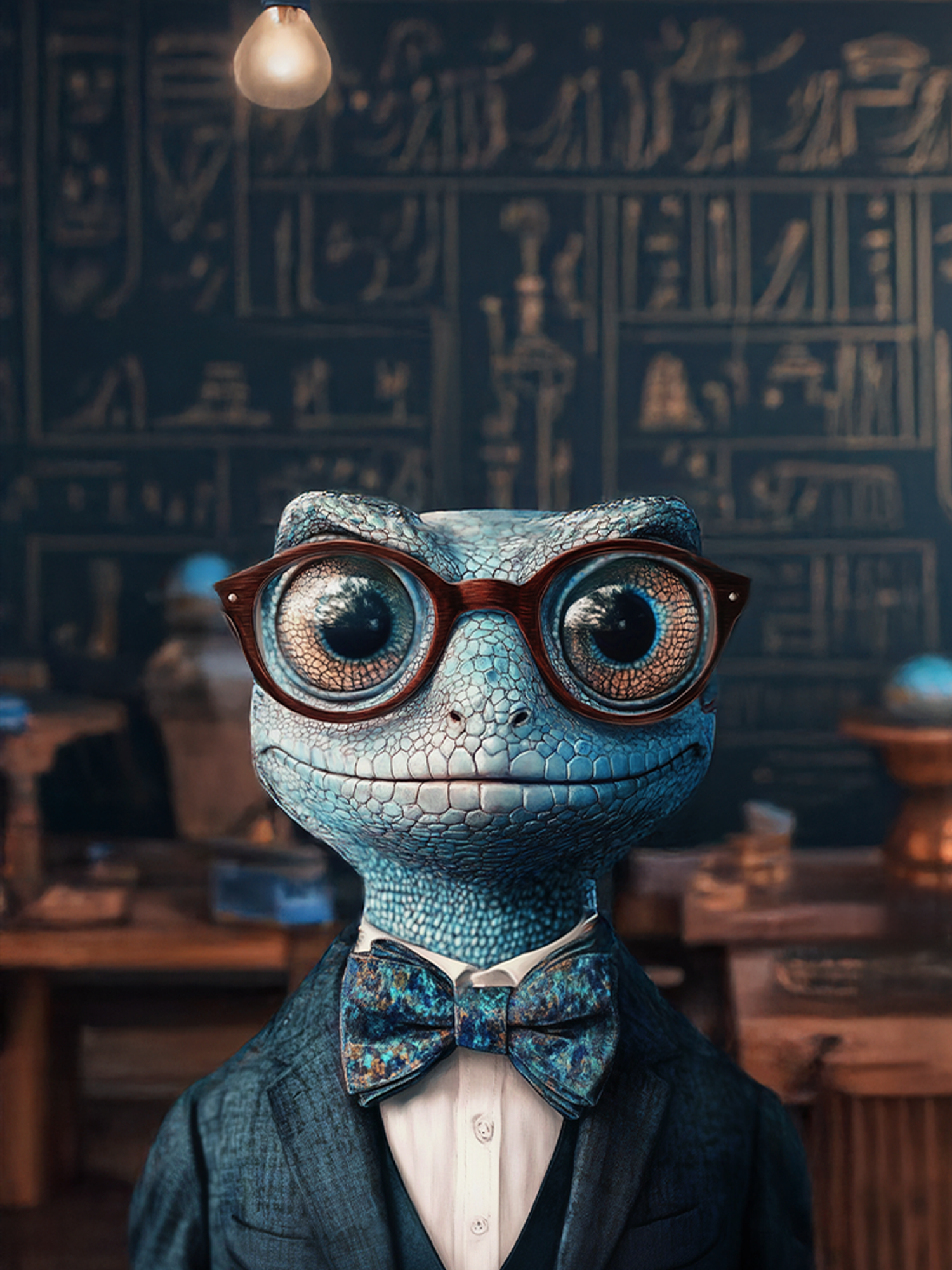 Anthropomorphic blue agama lizard professor with oversized round glasses and a blue bow tie, standing before
a wall of hieroglyphics under a single hanging lightbulb — Zooniversity art journal by Paint the Ocean
Blue