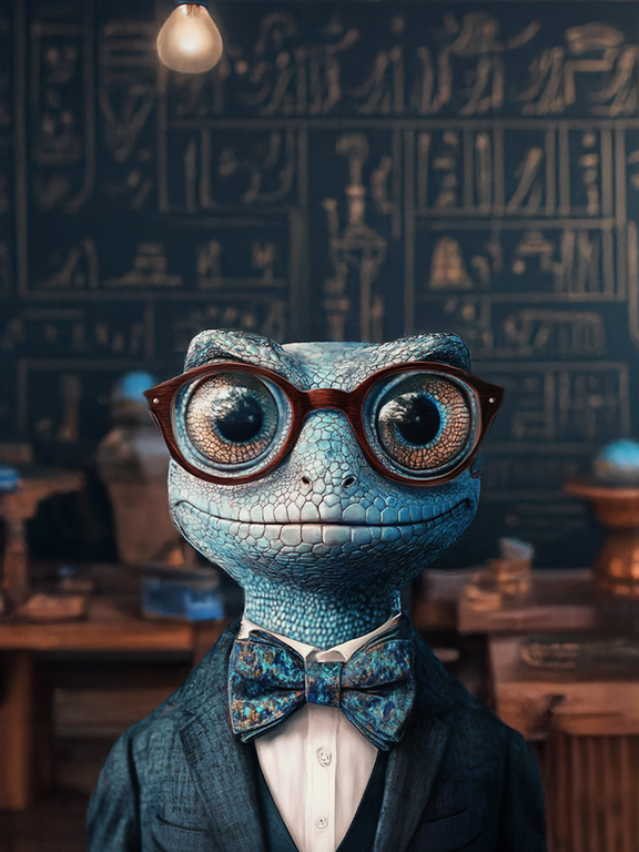 Anthropomorphic blue agama lizard professor with oversized round glasses and a blue bow tie, standing before
a wall of hieroglyphics under a single hanging lightbulb — Zooniversity art journal by Paint the Ocean
Blue