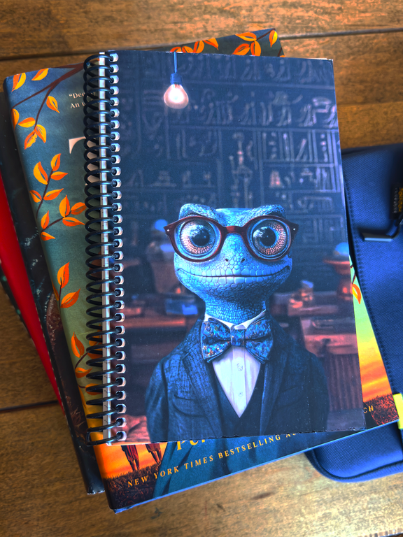 Anthropomorphic blue agama lizard professor with oversized round glasses and a blue bow tie, standing before
a wall of hieroglyphics under a single hanging lightbulb — Zooniversity art journal by Paint the Ocean
Blue