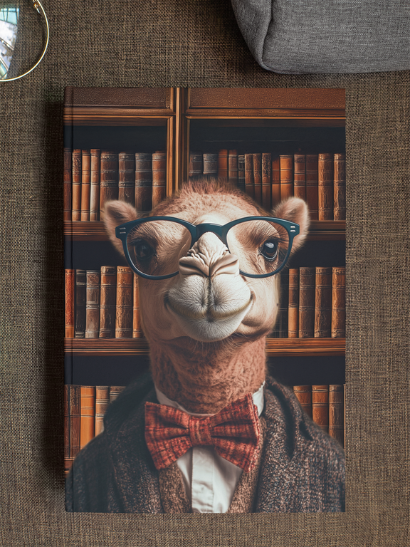 Anthropomorphic camel professor with navy cat-eye glasses and a rust red bow tie, photographed close-up
against floor-to-ceiling antique leather-bound books — Zooniversity hardcover art journal by Paint the Ocean
Blue