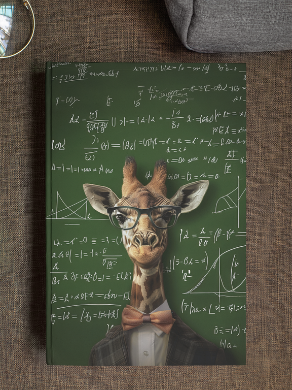 Anthropomorphic giraffe professor in a plaid blazer and copper bow tie, standing before a green chalkboard
covered in complex physics equations and diagrams — Zooniversity art journal by Paint the Ocean
Blue