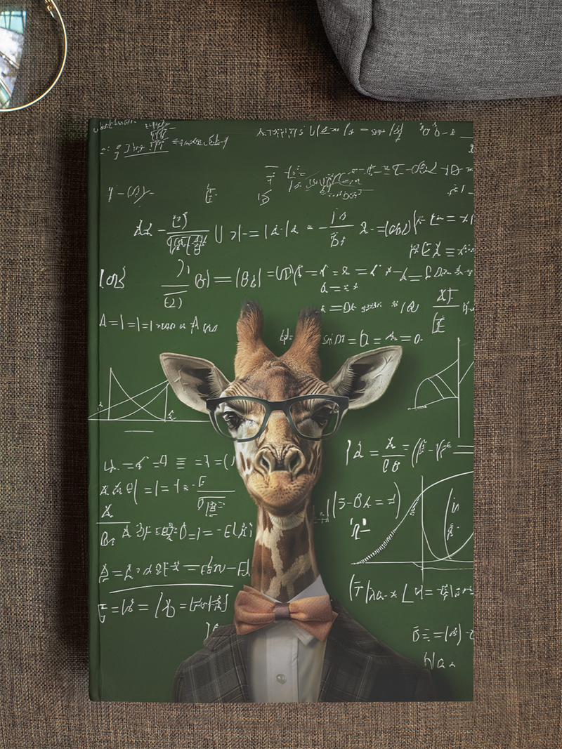Anthropomorphic giraffe professor in a plaid blazer and copper bow tie, standing before a green chalkboard
covered in complex physics equations and diagrams — Zooniversity art journal by Paint the Ocean
Blue