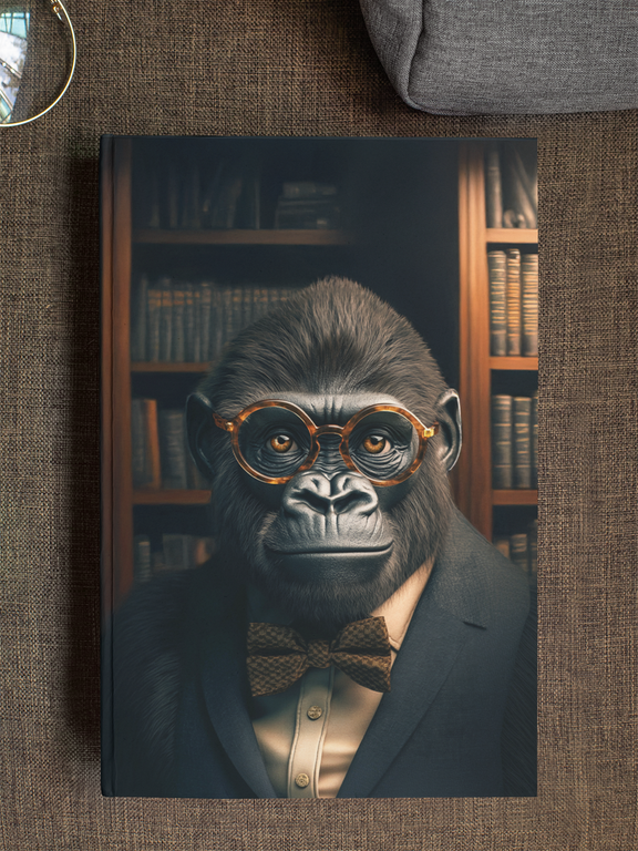 Anthropomorphic gorilla professor in a navy blazer with amber tortoiseshell glasses, seated before
floor-to-ceiling bookshelves in a warmly lit study — Zooniversity art journal by Paint the Ocean Blue