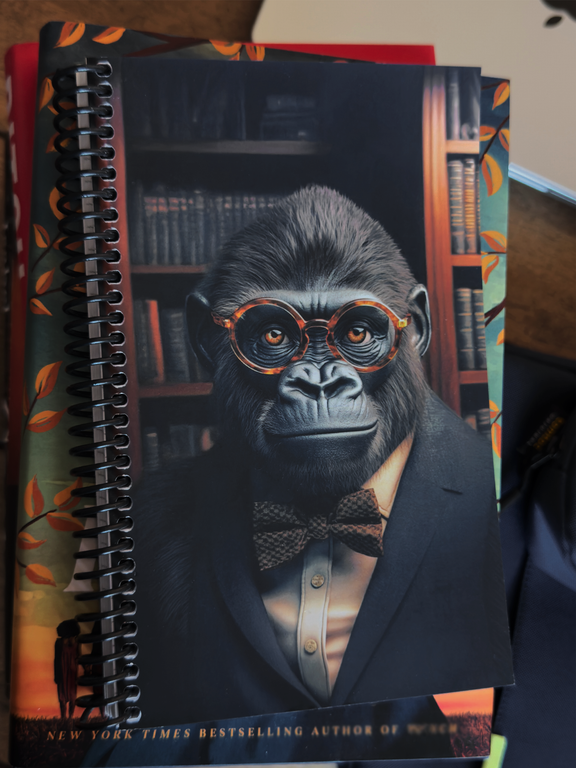 Anthropomorphic gorilla professor in a navy blazer with amber tortoiseshell glasses, seated before
floor-to-ceiling bookshelves in a warmly lit study — Zooniversity art journal by Paint the Ocean Blue