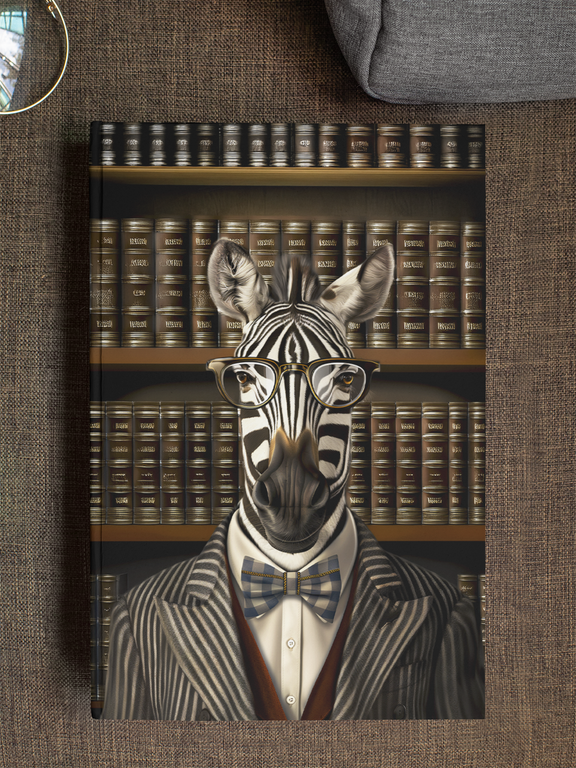 Anthropomorphic zebra professor in a pinstriped blazer and blue plaid bow tie, standing before walls of antique
law books — Zooniversity hardcover art journal by Paint the Ocean Blue