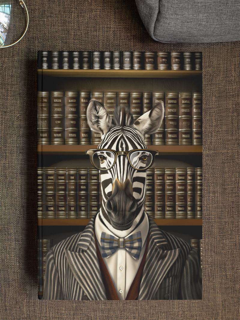 Anthropomorphic zebra professor in a pinstriped blazer and blue plaid bow tie, standing before walls of antique
law books — Zooniversity hardcover art journal by Paint the Ocean Blue