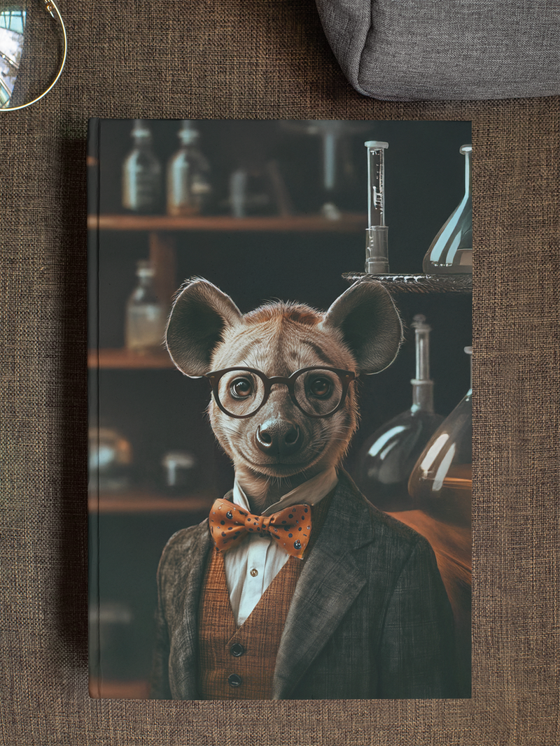 Anthropomorphic hyena professor in a tweed blazer and polka-dot bow tie surrounded by chemistry flasks and
bottles in a dim laboratory — Zooniversity hardcover art journal by Paint the Ocean Blue