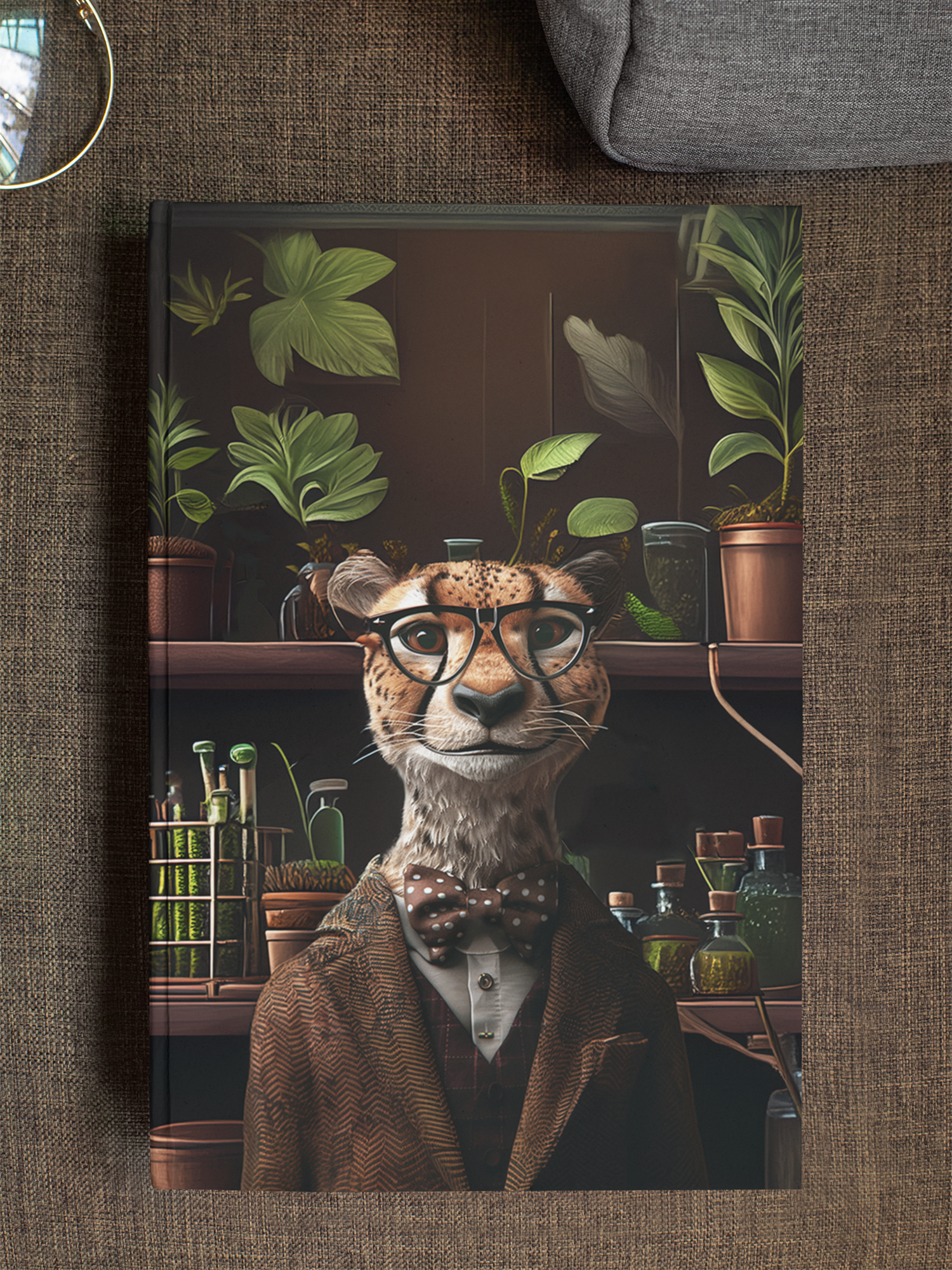 Anthropomorphic cheetah professor in a herringbone tweed coat and polka-dot bow tie, surrounded by potted
plants, botanical specimens, and glass bottles in a greenhouse study — Zooniversity hardcover art journal by
Paint the Ocean Blue