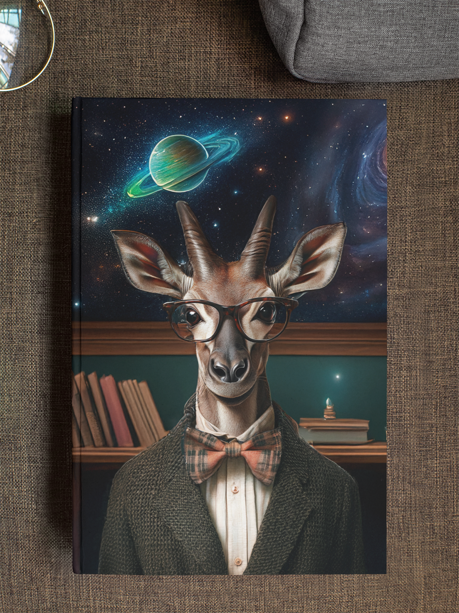 Anthropomorphic okapi professor in a knitted blazer and plaid bow tie, standing before a cosmic backdrop of
planets and galaxies — Zooniversity hardcover art journal by Paint the Ocean Blue