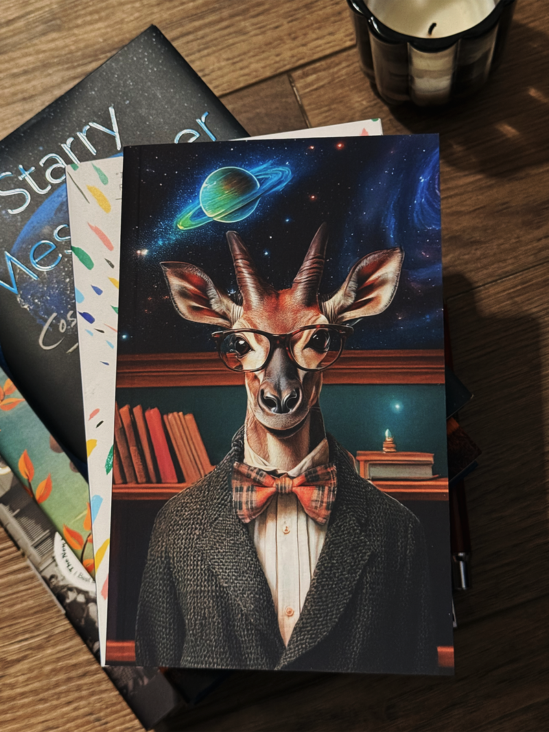 Anthropomorphic okapi professor in a knitted blazer and plaid bow tie, standing before a cosmic backdrop of
planets and galaxies — Zooniversity art journal by Paint the Ocean Blue