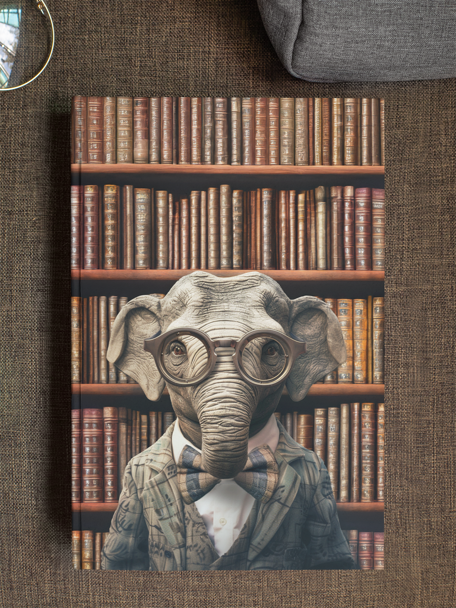 Anthropomorphic elephant professor in round metal-rimmed glasses and a tartan plaid jacket with matching bow
tie, surrounded by walls of antique books — Zooniversity hardcover art journal by Paint the Ocean Blue