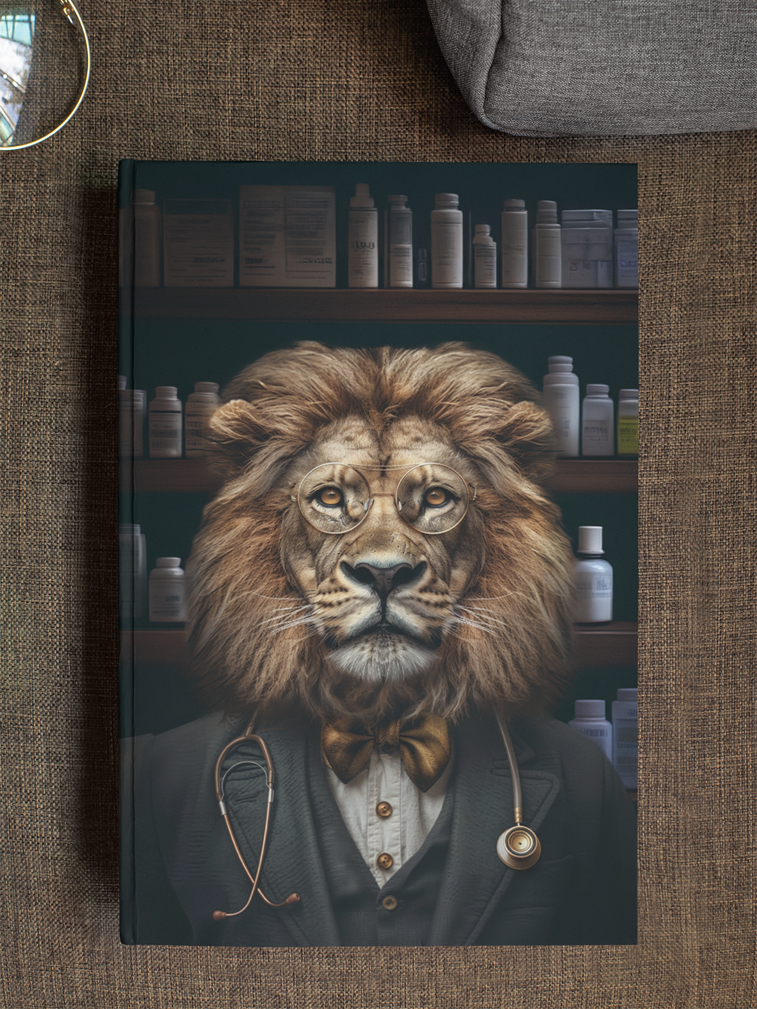 Anthropomorphic lion professor with a full golden mane, wire-rimmed round glasses, gold bow tie, and a
stethoscope, standing before shelves of medicine bottles — Zooniversity hardcover art journal by Paint the
Ocean Blue