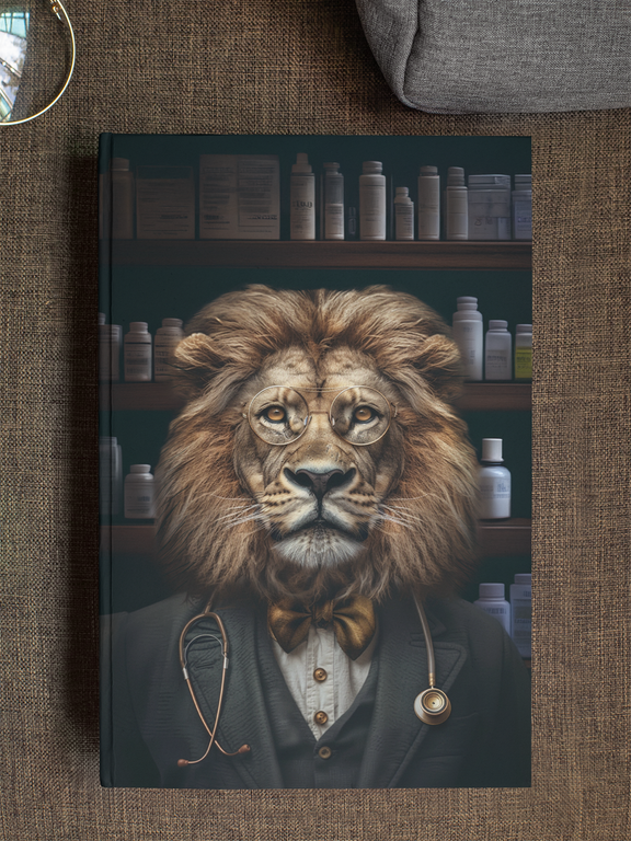 Anthropomorphic lion professor with a full golden mane, wire-rimmed round glasses, gold bow tie, and a
stethoscope, standing before shelves of medicine bottles — Zooniversity hardcover art journal by Paint the
Ocean Blue