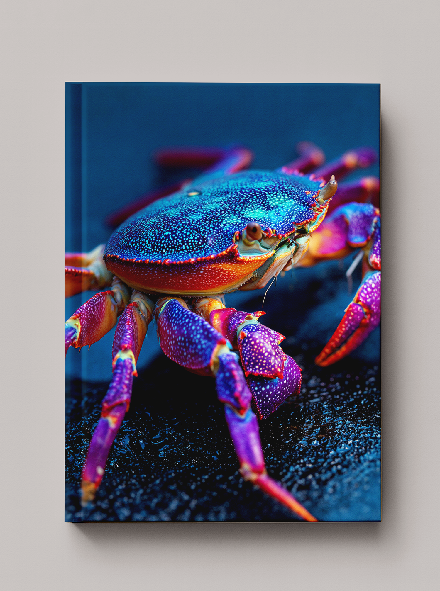 Single large iridescent crab with deep blue dotted shell and violet and orange legs on dark wet rock — Sea in
Color hardcover art journal by Paint the Ocean Blue