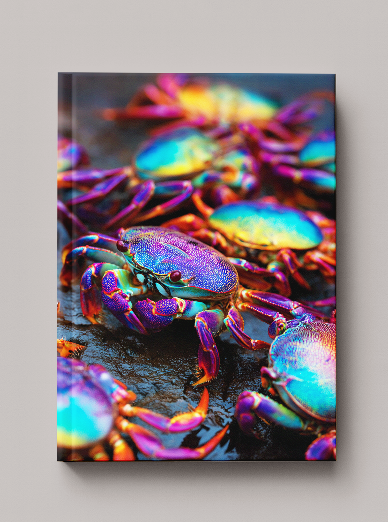 Cluster of iridescent rainbow crabs with teal and purple shells gathered on wet rock — Sea in Color hardcover art
journal by Paint the Ocean Blue
