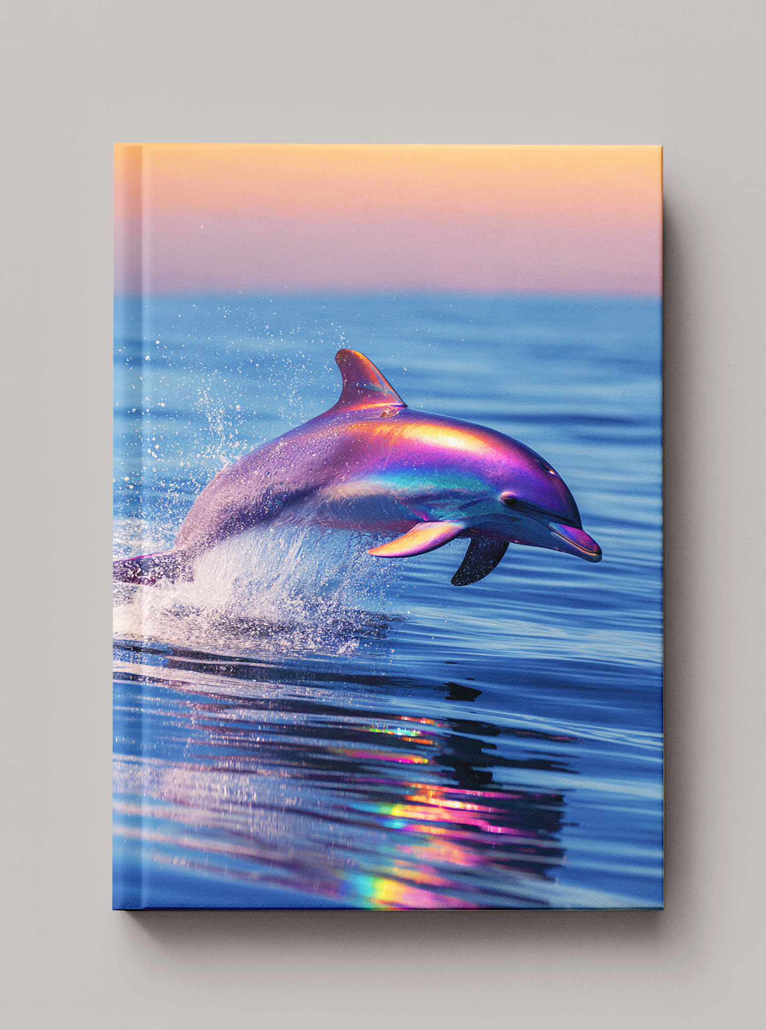 Iridescent rainbow dolphin leaping from the ocean at sunset with violet and gold reflections on the water — Sea
in Color hardcover art journal by Paint the Ocean Blue