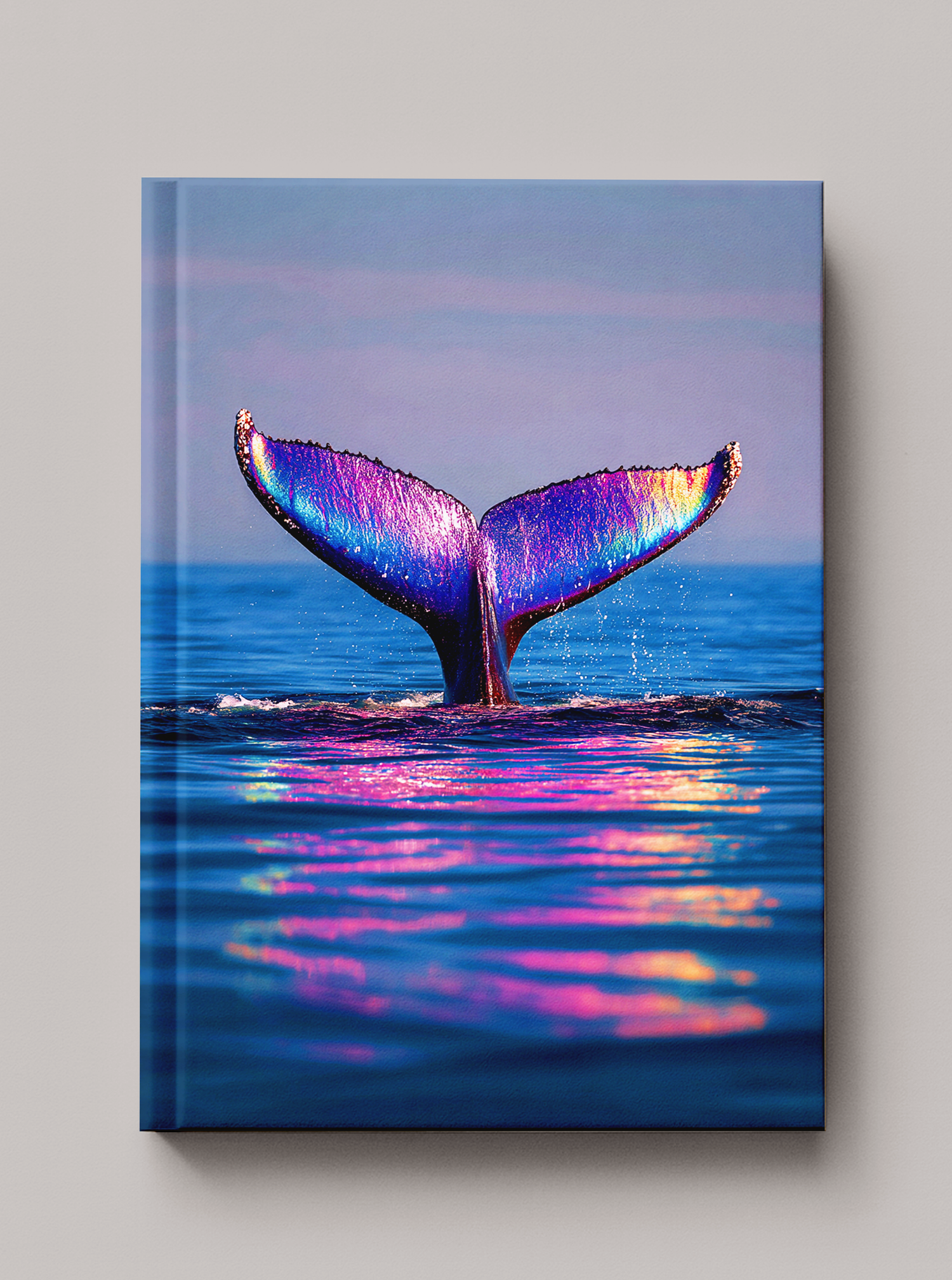 Iridescent rainbow whale fluke rising from the ocean at sunset with spectral color and glowing water reflections
— Sea in Color hardcover art journal by Paint the Ocean Blue