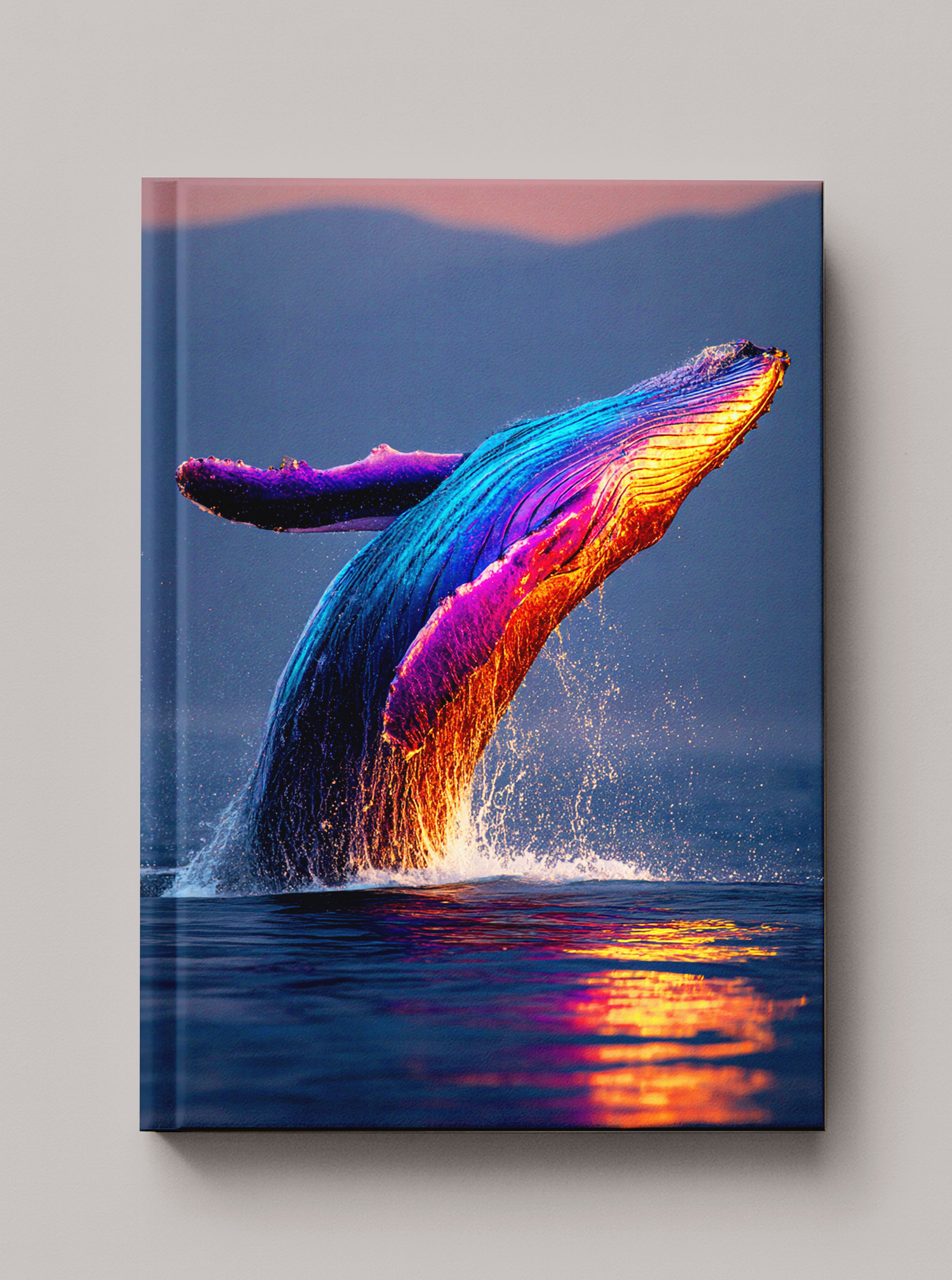 Massive iridescent humpback whale breaching from the ocean at dusk with rainbow color across its body and
glowing reflections on the water — Sea in Color hardcover art journal by Paint the Ocean Blue