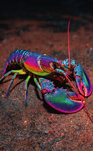 Iridescent rainbow lobster walking along the sandy ocean floor in glowing blue, lime green, magenta, and orange. Immerse yourself underneath the ocean on the peaceful sea floor. Sea in Color hardcover art journal by Paint the Ocean Blue. 