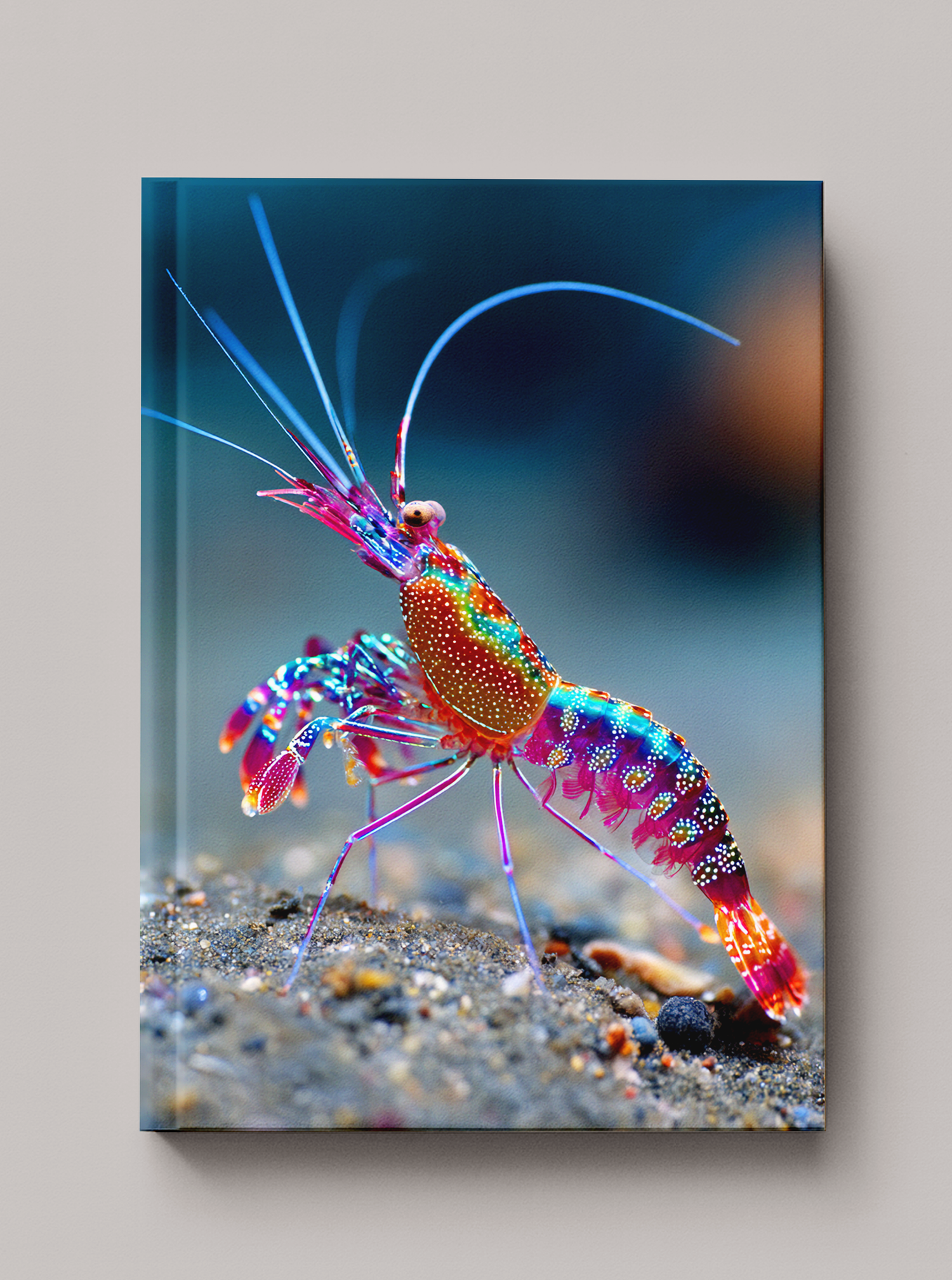 Vibrant rainbow-colored shrimp with spotted red and teal body and electric blue antennae on the seafloor — Sea
in Color hardcover art journal by Paint the Ocean Blue