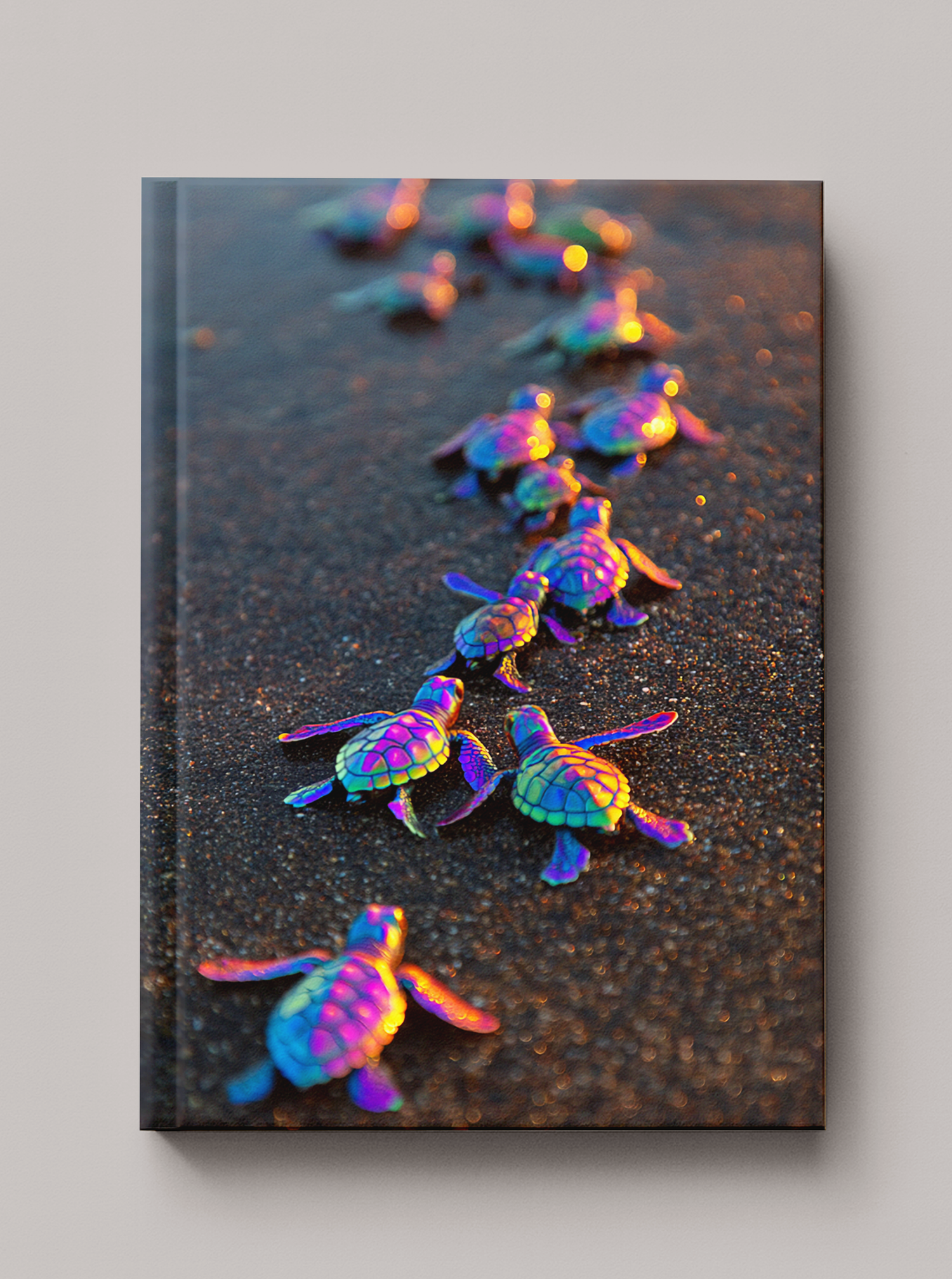 Iridescent rainbow baby sea turtles crossing dark sand toward the ocean at night — Sea in Color hardcover art
journal by Paint the Ocean Blue