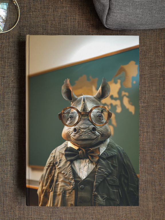 Anthropomorphic rhinoceros professor wearing round tortoiseshell glasses and a bow tie, standing before a teal
world map chalkboard — Zooniversity hardcover art journal by Paint the Ocean Blue