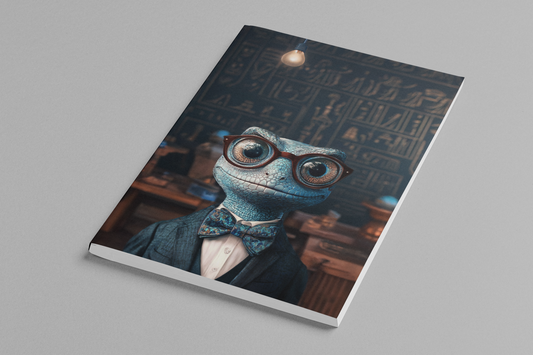 Anthropomorphic blue agama lizard professor with oversized round glasses and a blue bow tie, standing before
a wall of hieroglyphics under a single hanging lightbulb — Zooniversity softcover art journal by Paint the Ocean
Blue