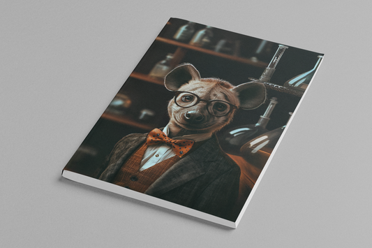 Anthropomorphic hyena professor in a tweed blazer and polka-dot bow tie surrounded by chemistry flasks and
bottles in a dim laboratory — Zooniversity art journal by Paint the Ocean Blue