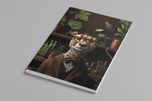 Anthropomorphic cheetah professor in a herringbone tweed coat and polka-dot bow tie, surrounded by potted
plants, botanical specimens, and glass bottles in a greenhouse study — Zooniversity art journal by
Paint the Ocean Blue