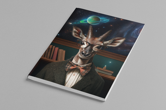 Anthropomorphic okapi professor in a knitted blazer and plaid bow tie, standing before a cosmic backdrop of
planets and galaxies — Zooniversity art journal by Paint the Ocean Blue