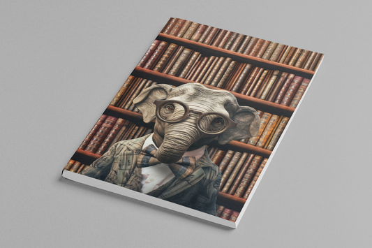 Anthropomorphic elephant professor in round metal-rimmed glasses and a tartan plaid jacket with matching bow
tie, surrounded by walls of antique books — Zooniversity art journal by Paint the Ocean Blue