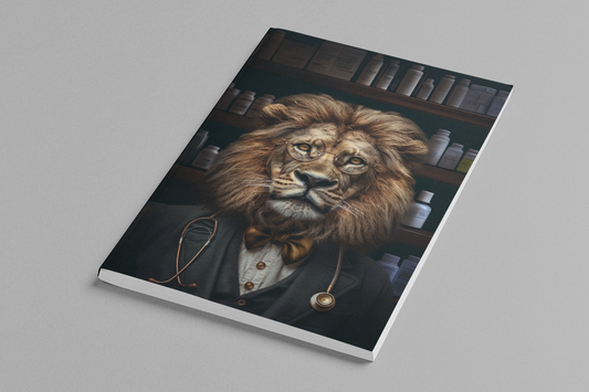 Anthropomorphic lion professor with a full golden mane, wire-rimmed round glasses, gold bow tie, and a
stethoscope, standing before shelves of medicine bottles — Zooniversity art journal by Paint the
Ocean Blue