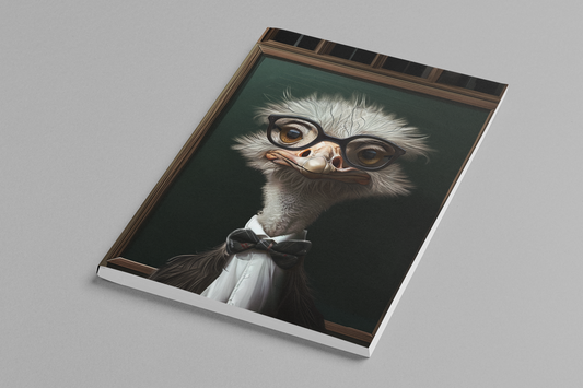 Anthropomorphic ostrich professor with wild white feathers and large dark-framed glasses, wearing a plaid bow
tie and white shirt in front of a dark chalkboard — Zooniversity art journal by Paint the Ocean Blue