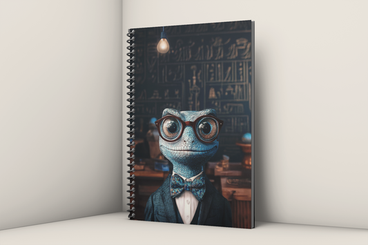 Anthropomorphic blue agama lizard professor with oversized round glasses and a blue bow tie, standing before
a wall of hieroglyphics under a single hanging lightbulb — Zooniversity art journal by Paint the Ocean
Blue