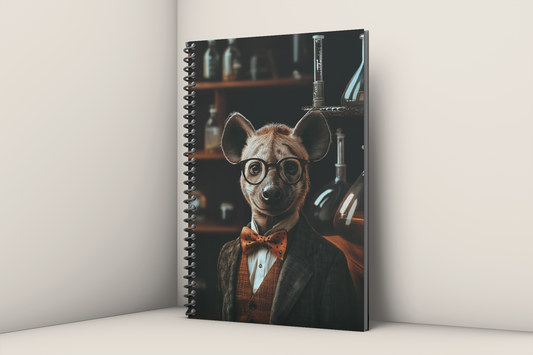 Anthropomorphic hyena professor in a tweed blazer and polka-dot bow tie surrounded by chemistry flasks and
bottles in a dim laboratory — Zooniversity art journal by Paint the Ocean Blue