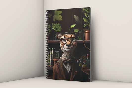 Anthropomorphic cheetah professor in a herringbone tweed coat and polka-dot bow tie, surrounded by potted
plants, botanical specimens, and glass bottles in a greenhouse study — Zooniversity art journal by
Paint the Ocean Blue