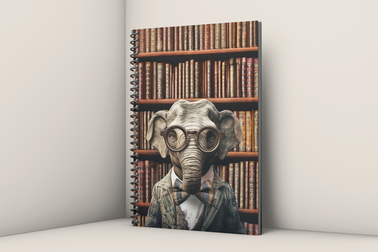 Anthropomorphic elephant professor in round metal-rimmed glasses and a tartan plaid jacket with matching bow tie, surrounded by walls of antique books — Zooniversity spiral art journal by Paint the Ocean Blue