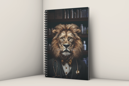 Anthropomorphic lion professor with a full golden mane, wire-rimmed round glasses, gold bow tie, and a
stethoscope, standing before shelves of medicine bottles — Zooniversity art journal by Paint the
Ocean Blue