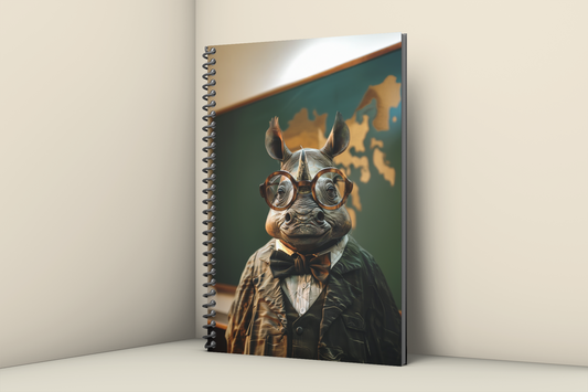Anthropomorphic rhinoceros professor wearing round tortoiseshell glasses and a bow tie, standing before a teal
world map chalkboard — Zooniversity art journal by Paint the Ocean Blue