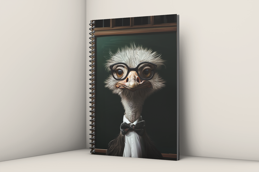 Anthropomorphic ostrich professor with wild white feathers and large dark-framed glasses, wearing a plaid bow
tie and white shirt in front of a dark chalkboard — Zooniversity art journal by Paint the Ocean Blue