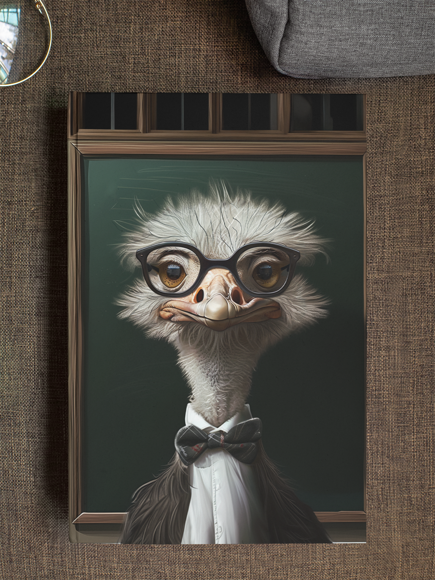 Anthropomorphic ostrich professor with wild white feathers and large dark-framed glasses, wearing a plaid bow
tie and white shirt in front of a dark chalkboard — Zooniversity hardcover art journal by Paint the Ocean Blue