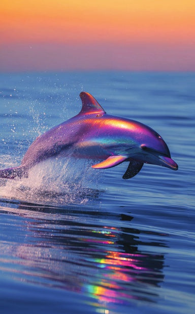 Iridescent rainbow dolphin leaping from the ocean at sunset with violet and gold reflections on the water — Sea in Color hardcover art journal by Paint the Ocean Blue.